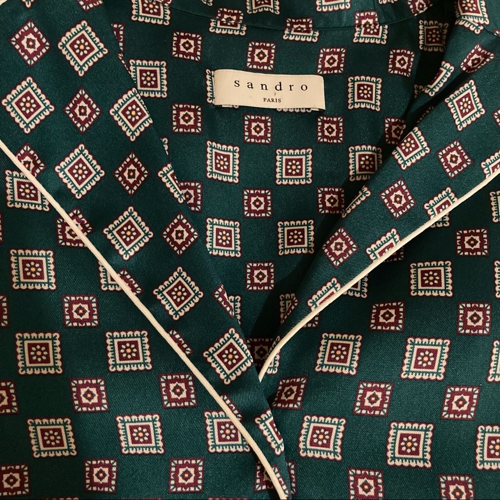 Donated | Sandro | Emerald Green Tile-print Satin Blouse - Picture 4 of 6